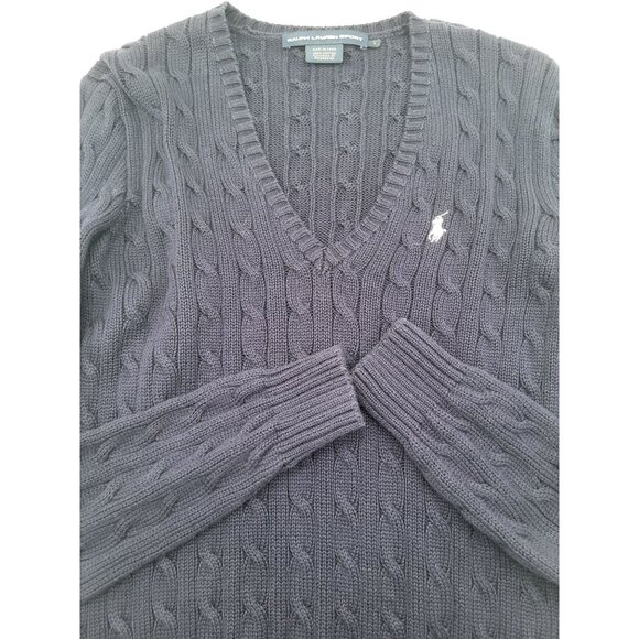 Ralph Lauren Sweaters - Ralph Lauren Sport Women's LG Navy Blue V Neck Cable Knit Sweater Tennis Preppy